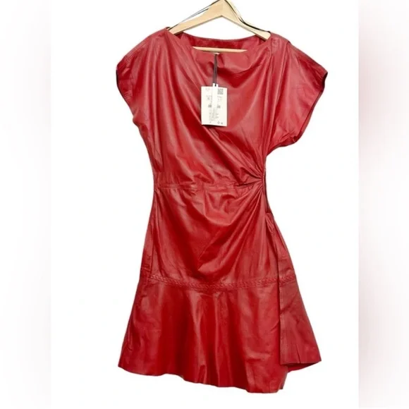NWT ZARA Limited Edition Draped One-Shoulder Leather Mini Dress  Red Sz XS  - threedaughtersproperties.com